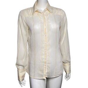 Dorothee Bis Button Up Shirt  Womens Size M Gold Metallic Stripes Semi Sheer